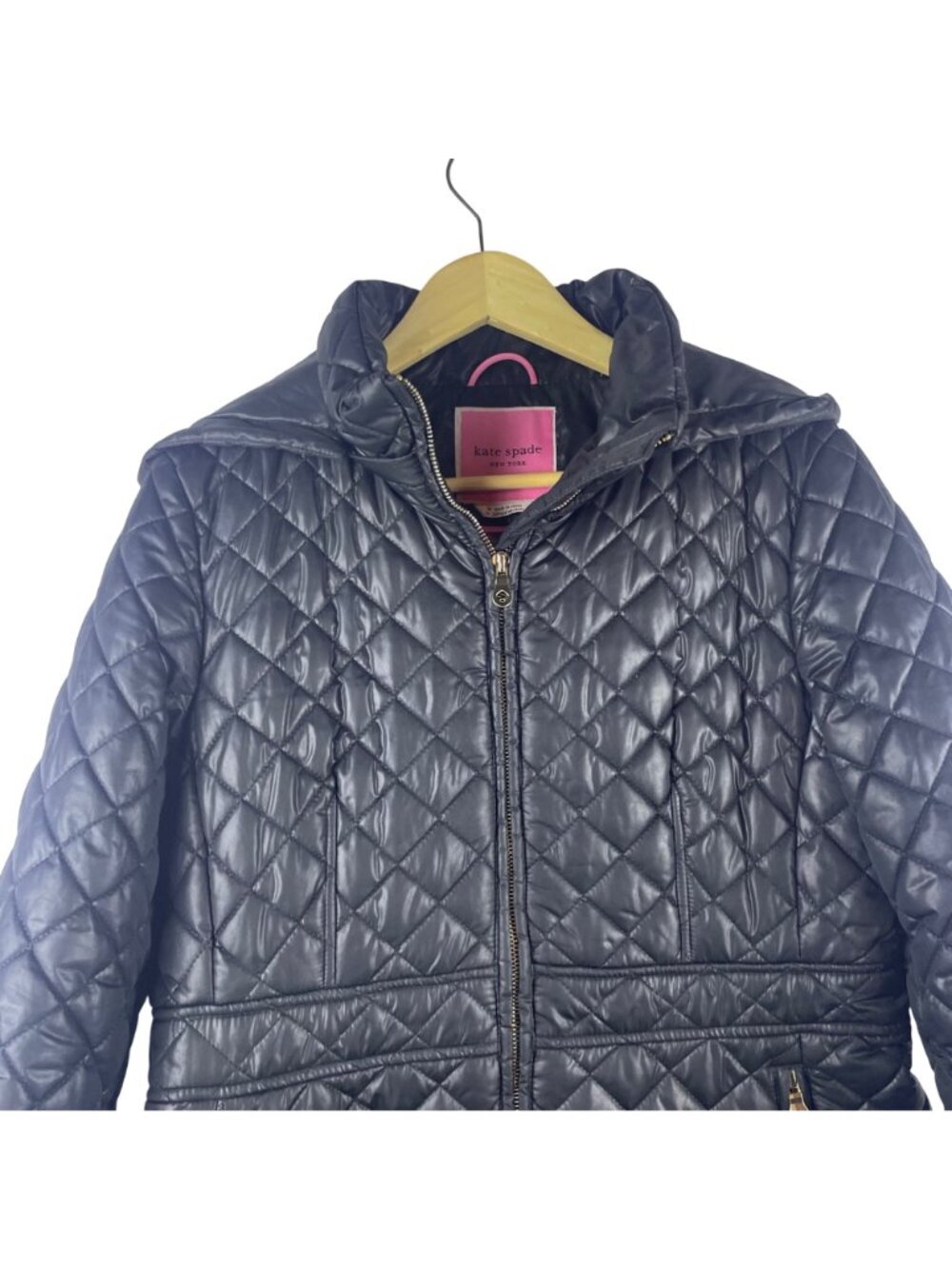 Kate Spade Black Quilted Puffer Jacket Coat Womens Medium Zip Front With Pockets - Picture 2 of 11